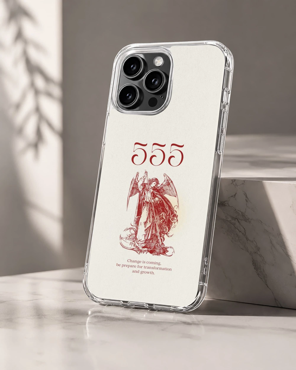 Angel phone case featuring the quote 555 for transformation